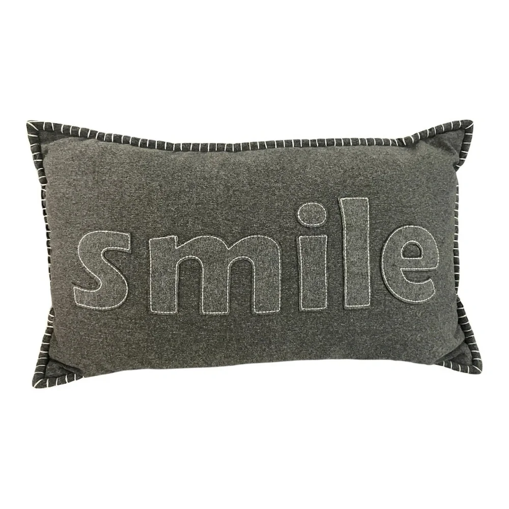 EMBROIDERED SMILE DECORATIVE THROW PILLOW, LUMBAR PILLOW, 12” x 20” - Picture 1 of 5
